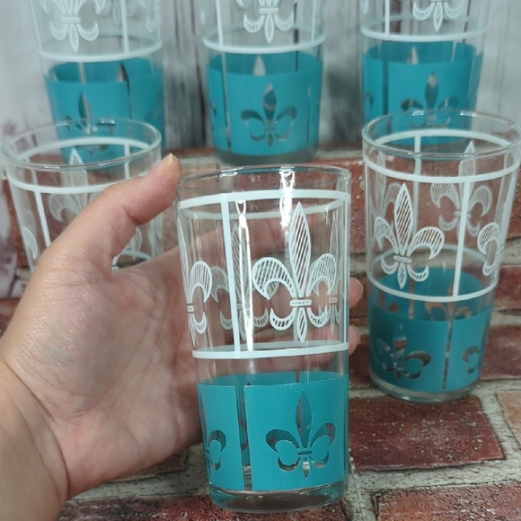 Hazel Atlas Set of 6 Glasses Tumbler White Turquoise 12oz. Highball Fleur-de-Lis - Picture 7 of 16